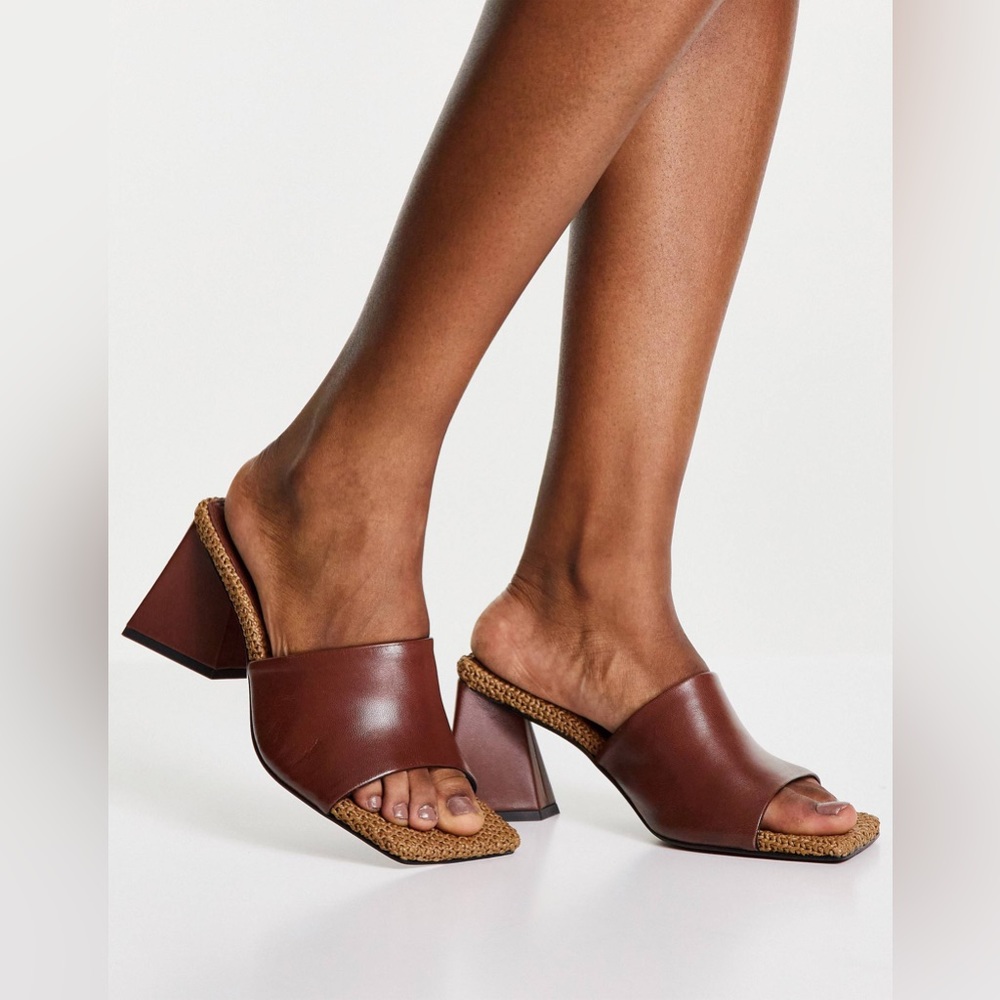 ASOS DESIGN Healing premium leather mid heeled mules in brown size 9